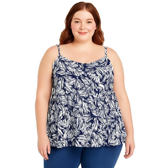 A.n.a Womens Navy Blue Babydoll Tank Top Size 5X Sleeveless Palm Leaf Zip Back - Picture 2 of 12